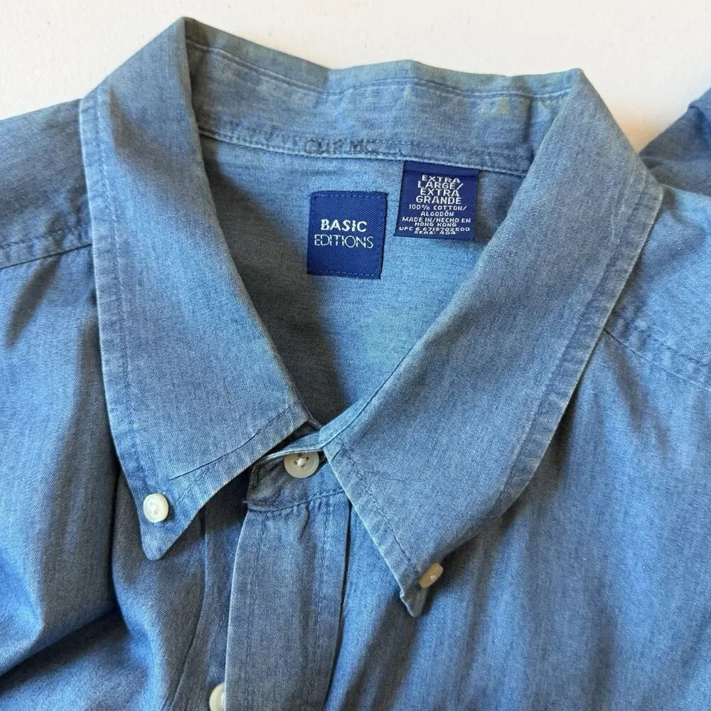 Vintage Basic Editions Chambray Button Front Up Shirt Long Sleeve Mens Size XL